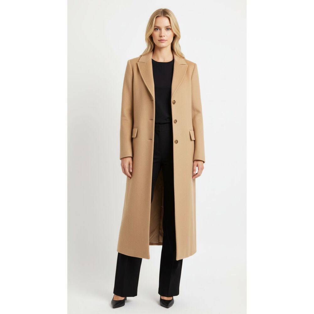 Les Copains Tan Wool Button Front Long Sleeve Trench Coat 40 8